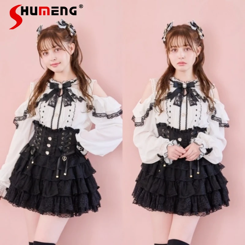 Mehrlagiger Mini-Kuchenrock im japanischen Rojita-Stil, drei Farben erhältlich, beliebte Damenkleidung, hoch taillierte Schnürröcke mit Knöpfen