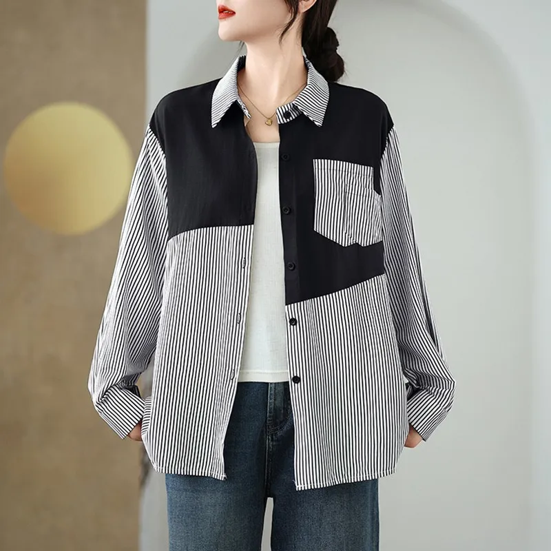 Frauen Langarm Casual Shirt Neue Ankunft 2024 Herbst Einfache Stil Patchwork Gestreiften Lose Weibliche Grundlagen Tops Shirts B3950