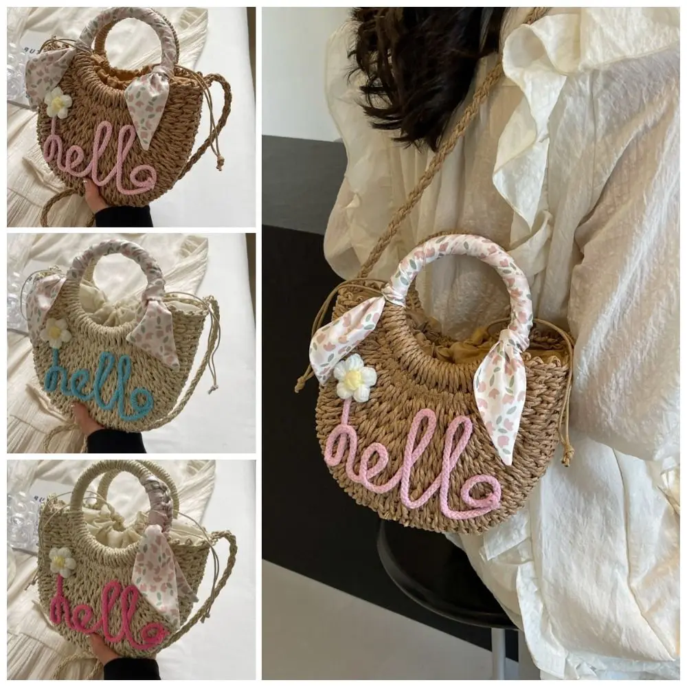 

Elegant Moon Shaped Beach Straw Bag Ribbon Hollow Woven Underarm Bag Tote Bag Large Capacity Knitted Shoulder Bag Travel