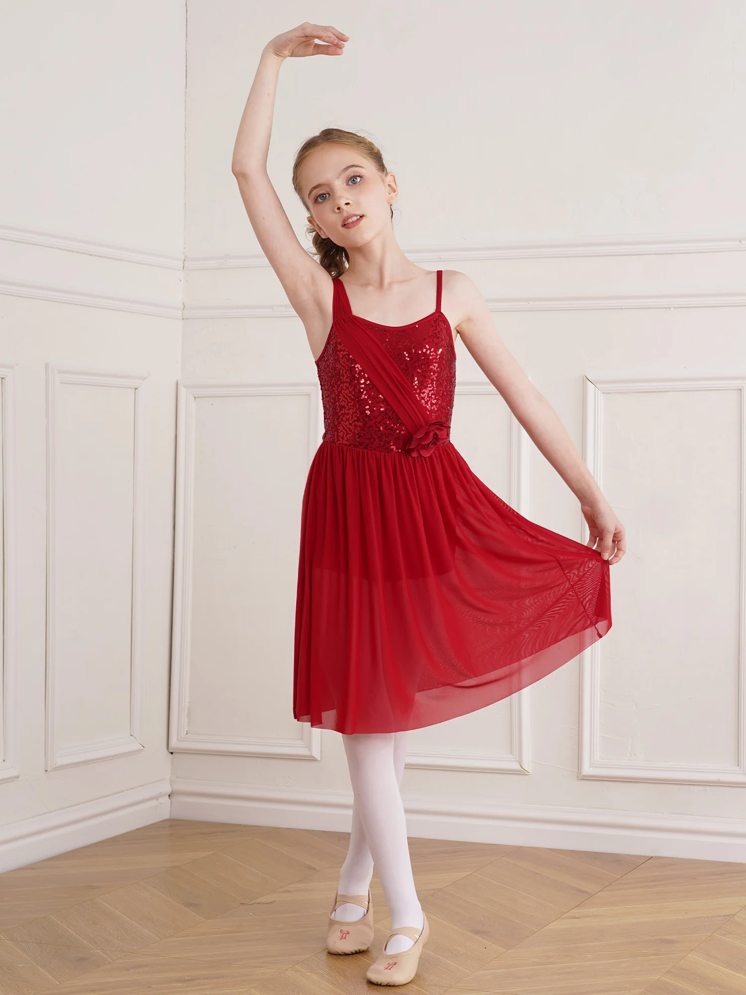 

Figure Skating Dress for Kid Girl Contemporary Lyrical Dance Performance Party Costume Glittery Sequins Sleeveless Leotard Dress