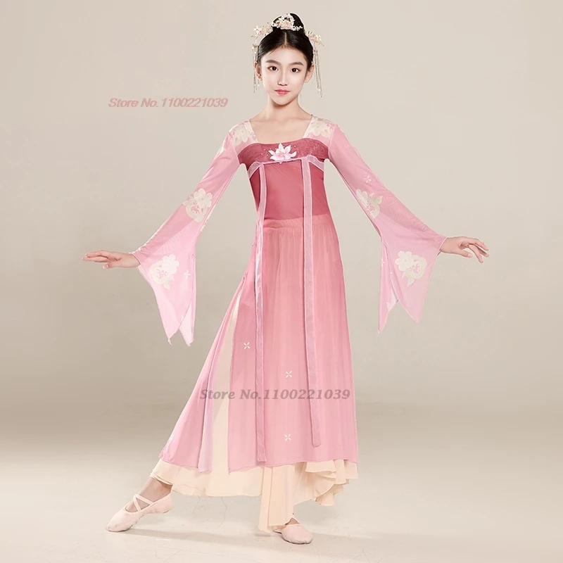 

2026 chinese vintage children folk dance costume national flower print hanfu tops+skirt set traditional stage performance dress