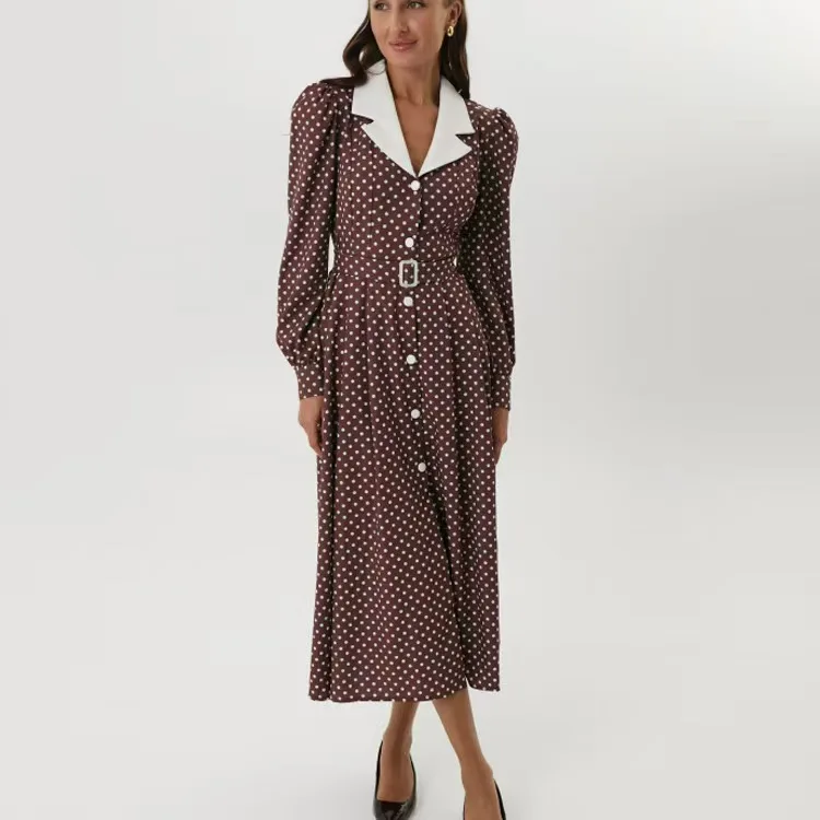 

Faionable Длинное женское платье с отложным воротником и одной пуговицей Dr с высокой талией и принтом в горошек