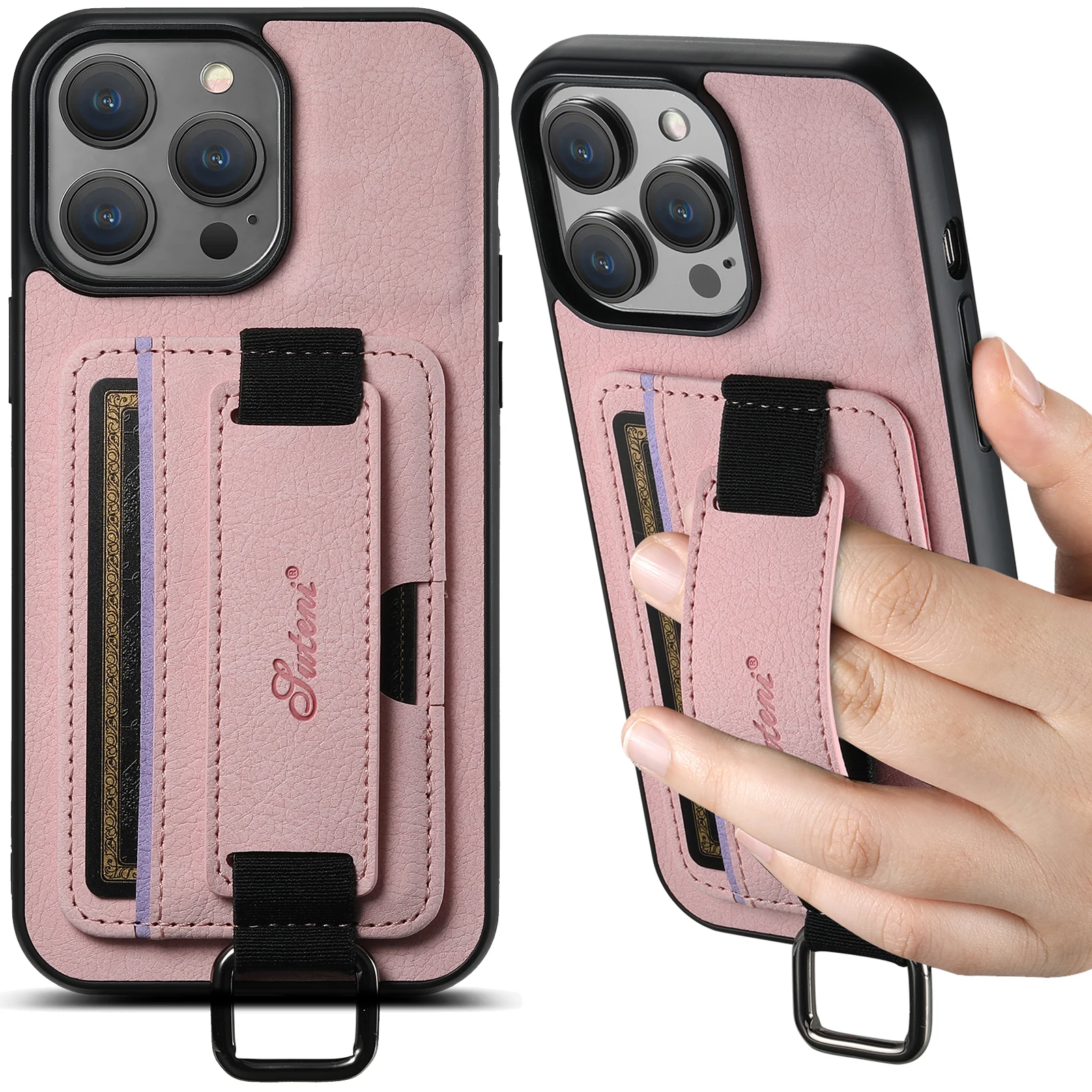 SUTENI Lychee-Haut-Print Handgelenkband Karten-Handyhülle Kartenhalter für iPhone 17 Pro Max 16 Plus 15 14 13 12 11 XR XS – Detail 7