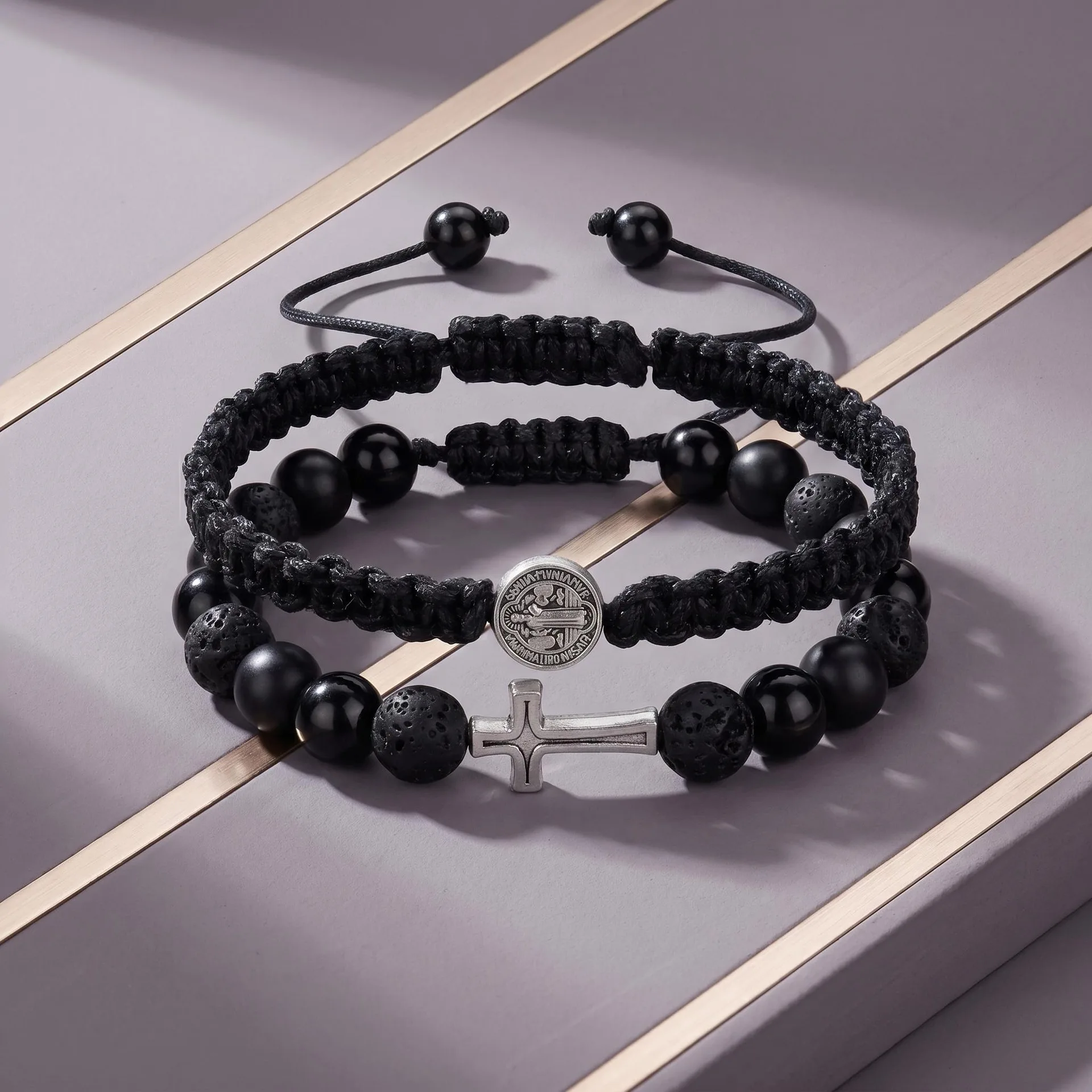 2 Pcs/set Men Saint Benedict Medal Stone Cross Bracelet Adjustable Black Braided Rope Bracelets Women Religious Jewelry Gift