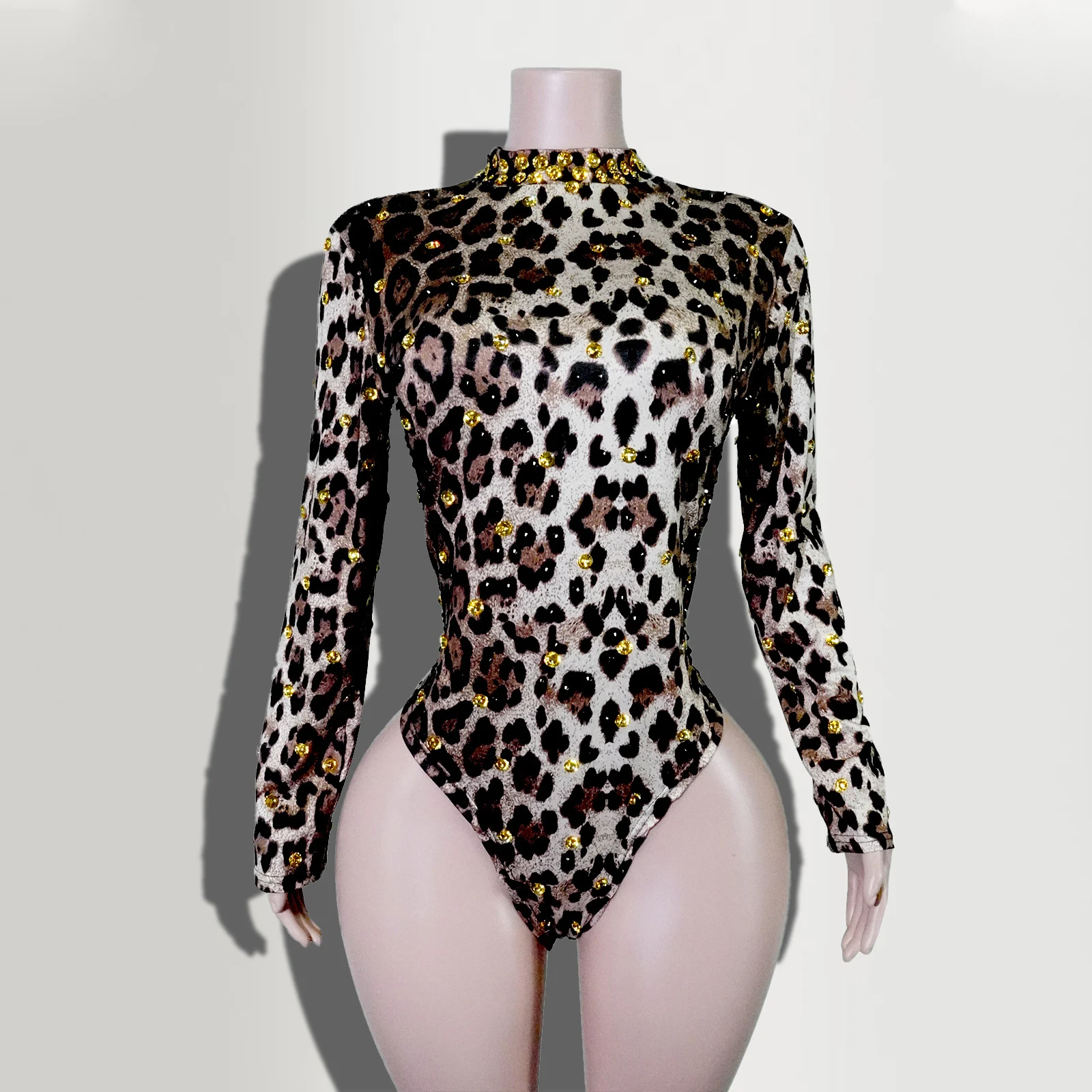 

Sparkle Rhinestone Leopard Print Long Sleeve Bodysuit Party Nightclub Dance Singer Stage Wear Performance Festival Show Costume