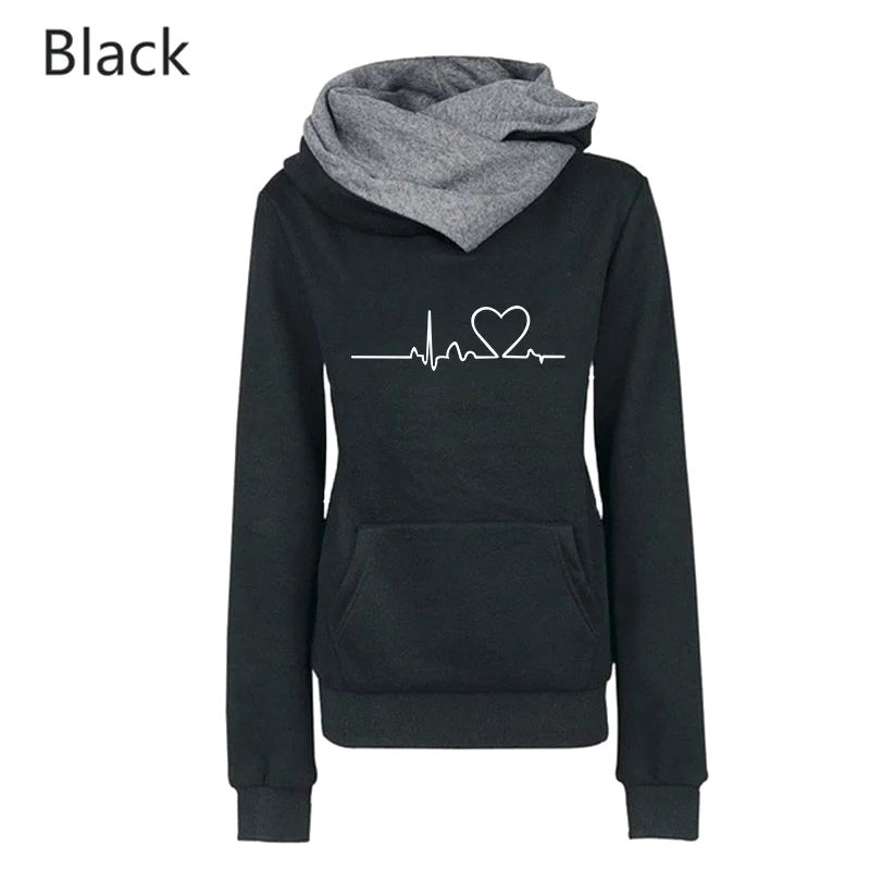 Love Heartbeat Print Women Hoodies Lapel High Collar Long Sleeve Hooded Sweatshirts Casual Pullover Tops