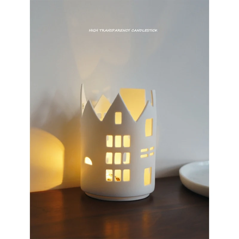 Nordic Hollow Ultra-Thin Ceramic Candle Holder, Light-Transmitting, House-Shaped Ornaments, Home Decoration, 1Pc