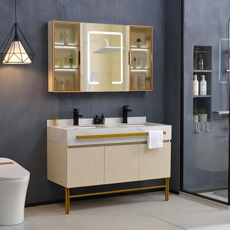 Luxury Modern Waterproof Double Sink Wall-Mounted Bathroom Vanity With LED Smart Mirror Cabinet Stone Countertop 3-Year Warranty