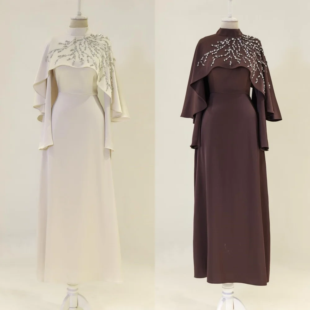 Customized Matching Sparkle Jersey Rhinestone Pleat Straight High Collar Long Dresses Bespoke Occasion Dresses Exquisite Classic