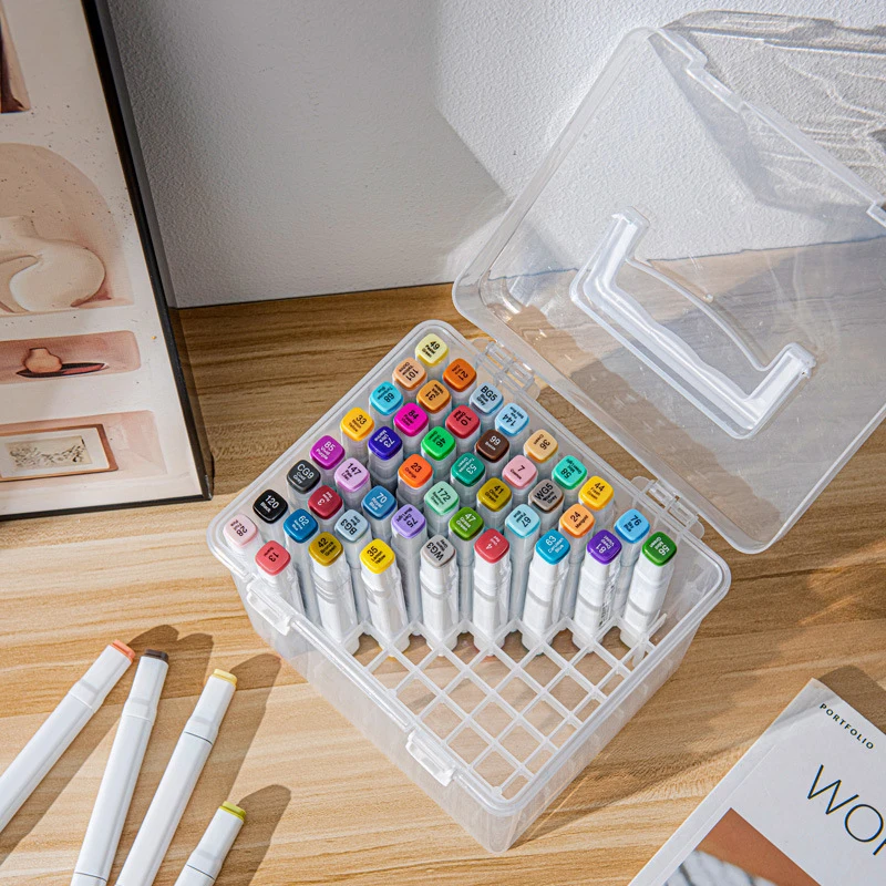 Portable Watercolor Drawing Pen Case - 12/24/36/48/60/80 Grids Markers Storage Box Plastic Stationery Organizer for Painting