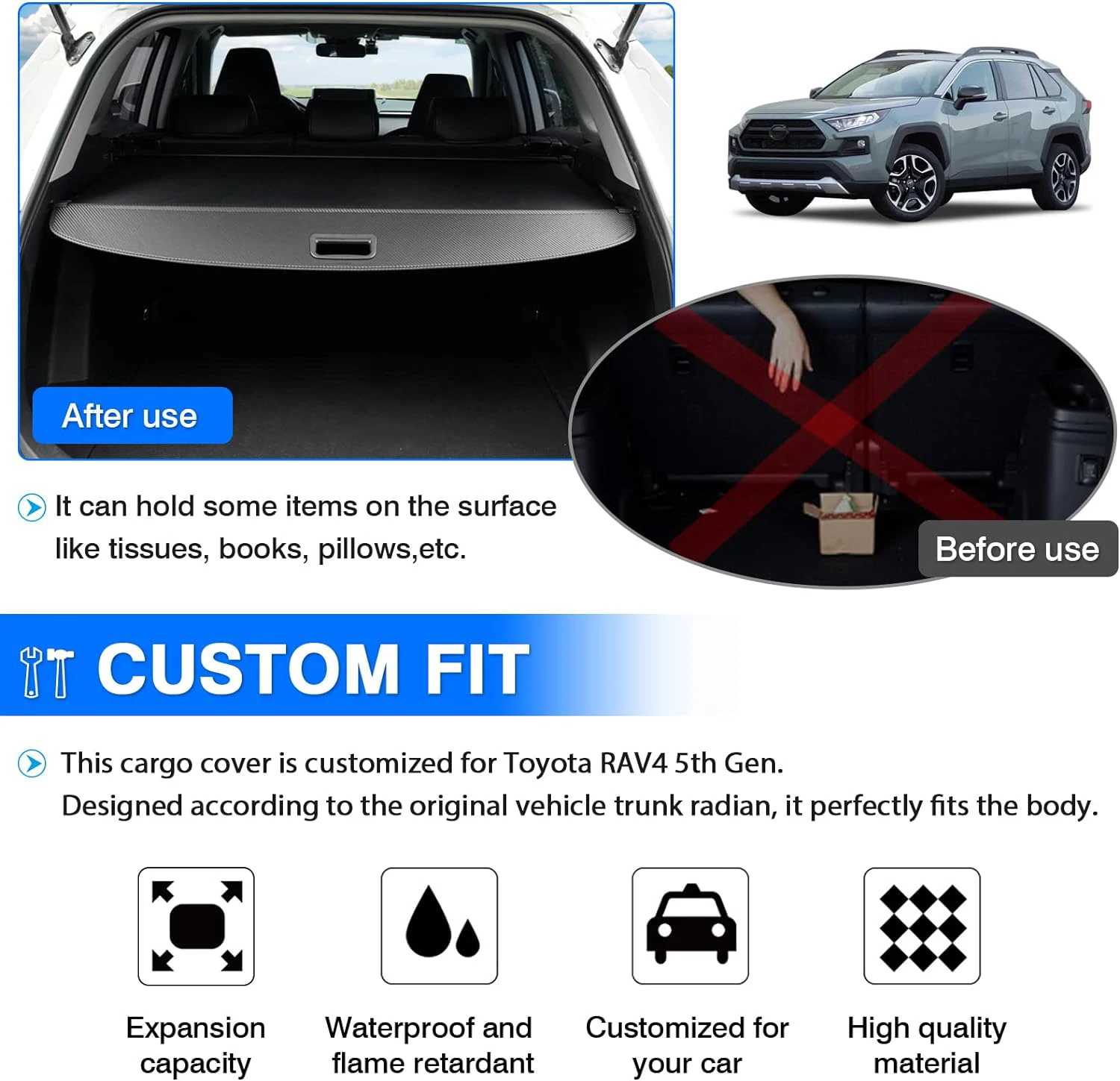 Cargo Cover for Toyota RAV4 2024-2020, Retractable Rear Trunk Security Cover Shielding Shade Black Carbon Fiber Texture