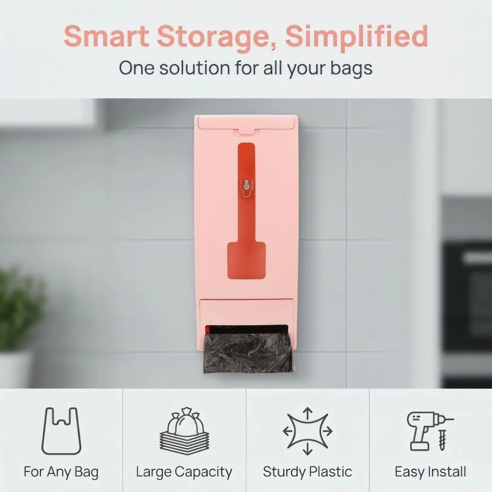 Plastic Plastic Bag Dispenser Pink Multi-Purpose Garbage Bag Dispenser Space Saver Wall Mounted Trash Bag Organizer