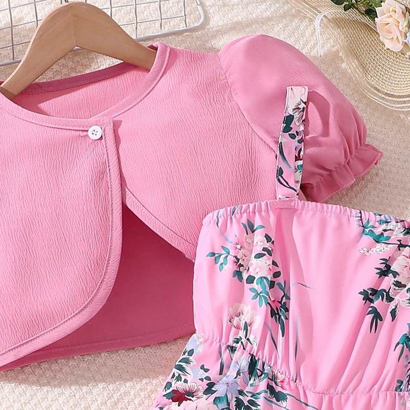 Kids Clothes Sets For Girls Pink Short-Sleeved Jacket And Pink Printed Jumpsuit Fashion 2PCS Sweet Style Daily Casual Clothes