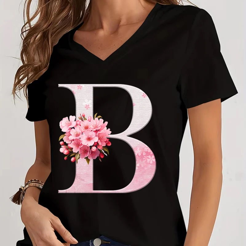 Cherry Blossom Letter B Women's V-Neck T-Shirt Pink Sakura Alphabet Shirts 26 English Alphabet Summer T-shirts Casual Tops