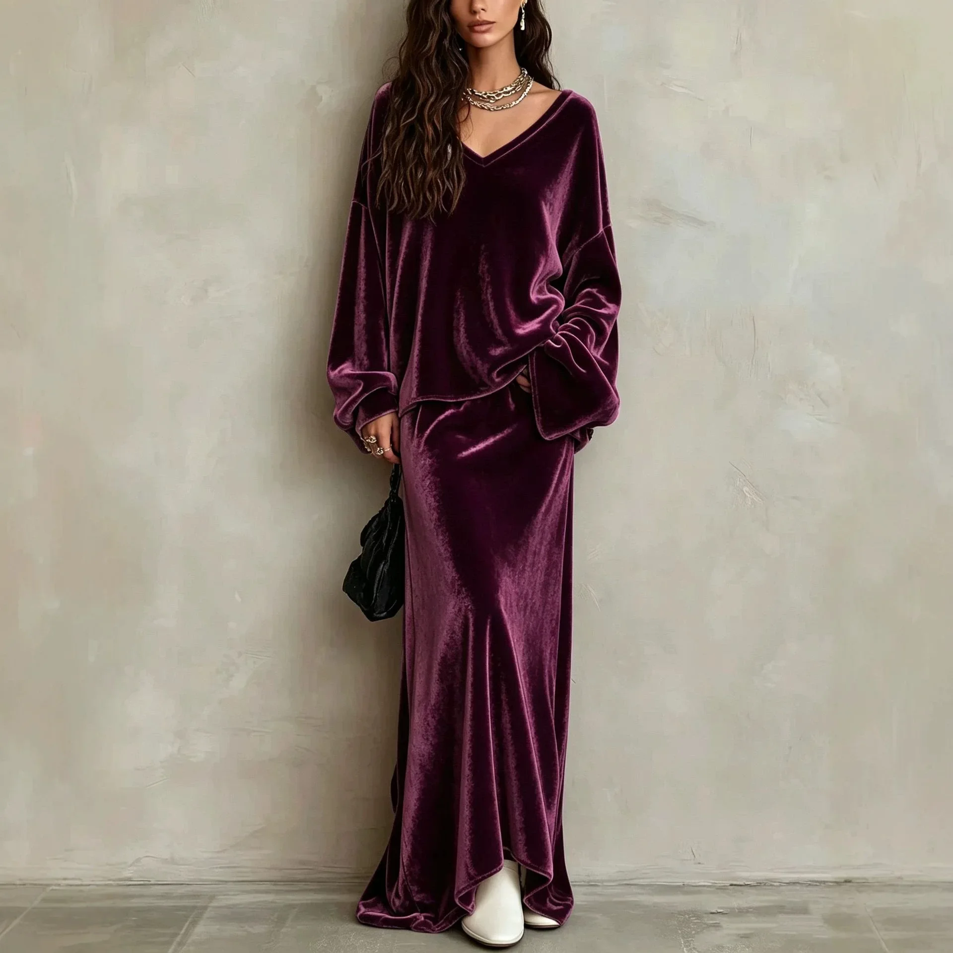 V-Neck Black Velvet Long Sleeve Dress For Women Spring Autumn New Western Style Retro Solid Color Pleated Large Length Dresses