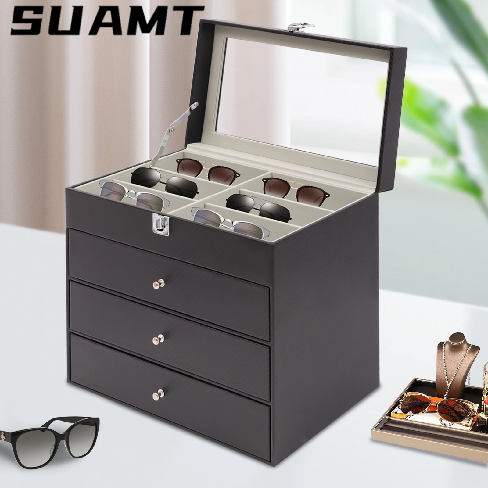 Eyeglasses Storage And Sunglass Glasses Display Drawer Lockable Case Organizer Black