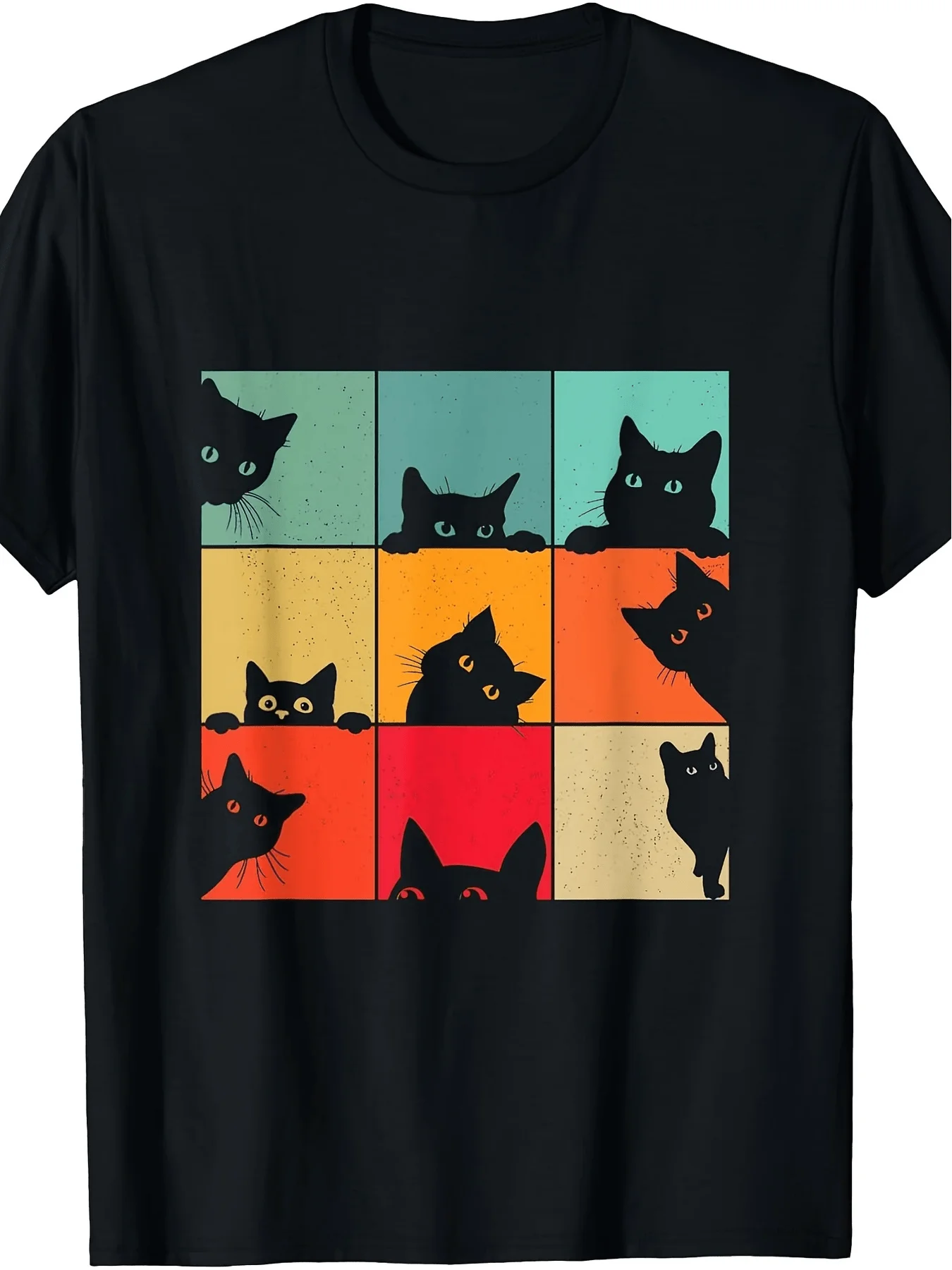 [Retro Vintage Black Cat T-Shirt] Retro Vintage Curious Black Cat T-Shirt Suitable for Cat Lovers Round Neck Regular Fit Casual Tee with Black Cat Machine Washable Apparel for Year-Round Wear Everyday Outfits