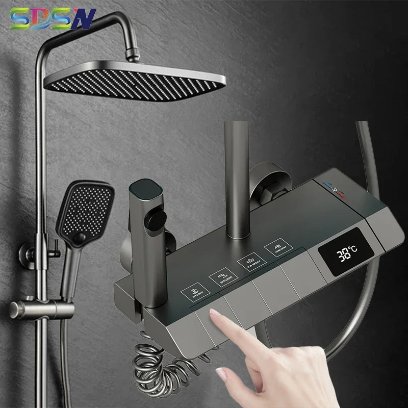 Square Grey Thermostatic Piano Shower System Hot Cold Bathroom Mixer Tap  Brass Bathtub Faucet Luxury Piano Digital Shower Set