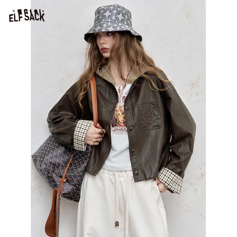 ELFSACK 2025 Autumn New Arrival Casual Loose Patchwork Checkered Cuff Turn-Up Jacket For Woman