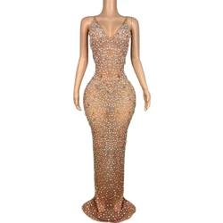 Sexy See-Through Sling Sheath Dress Crytral Diamonds Evening Party Singer Performance Photoshoot Costume Nightclub Stage Wear