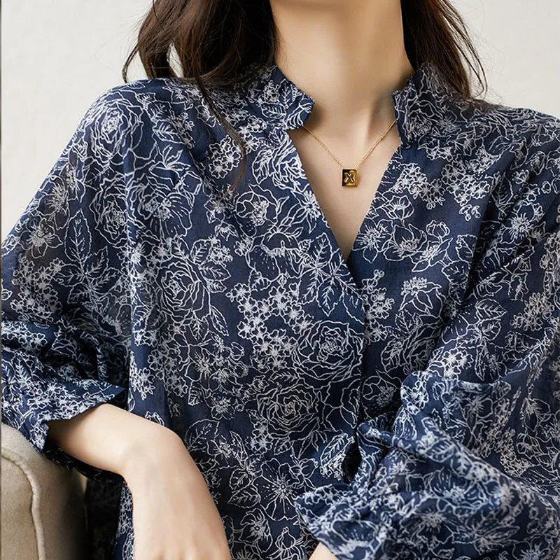 

Vintage Grace V-neck Three Quarter Lantern Sleeve Thin Cotton Linen Women Blouse Japan Style Floral Printing Pullover Loose 3XL