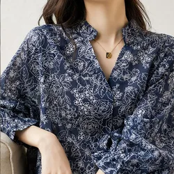 Vintage Grace V-neck Three Quarter Lantern Sleeve Thin Cotton Linen Women Blouse Japan Style Floral Printing Pullover Loose 3XL