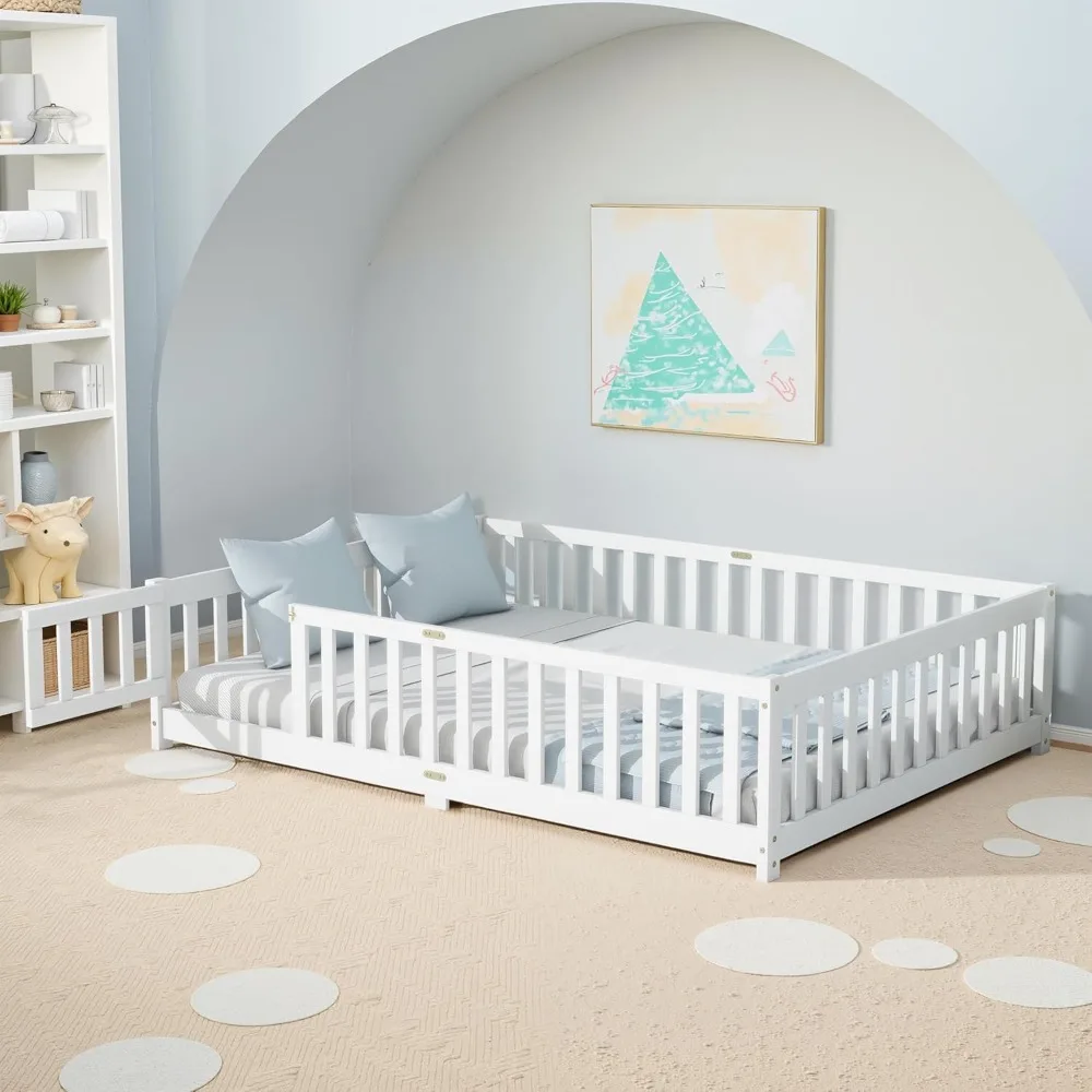 

Full Size Floor Bed, Toddler Floor Bed Frame with High Guardrails, Solid Wood Montessori Beds Full with Support Slats, Fence and