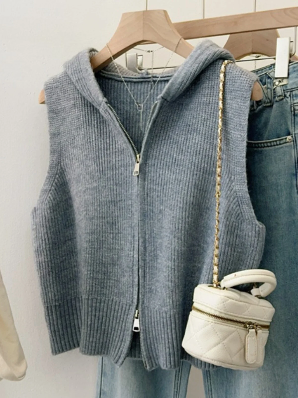 Women's Knitted Cardigan Vest Double Zipper Hooded Jacket plus Size Layering Top Commute Style Regular Thickness