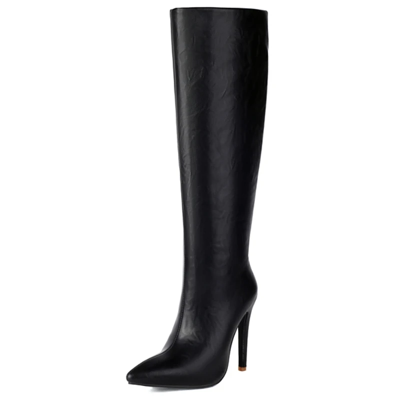 Women\'s Knee High Boots Sexy Point toe Winter Shoes Black Brown Heeled Long Boot Ladies Party Footwear Shoes Large Size 45 48