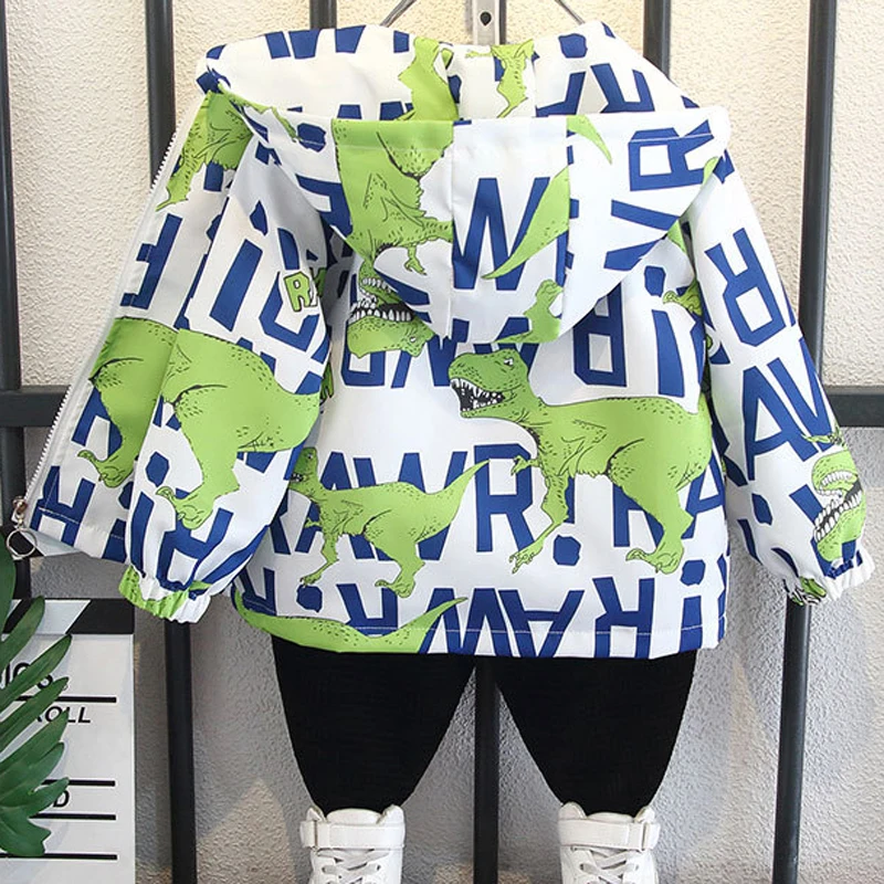 

2 3 4 5 6 8 10 12 Years Boys Jacket Spring Autumn Cartoon Dinosaur Pattern Leisure Hooded Coat For Children Outerwear Clothing