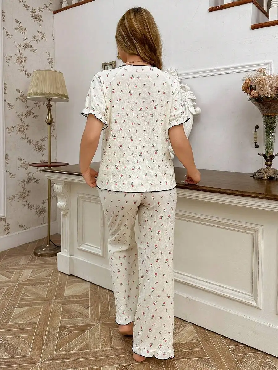Women Floral Print Short Sleeve Pajama Set With Ruffled Hem Cozy Sleepwear