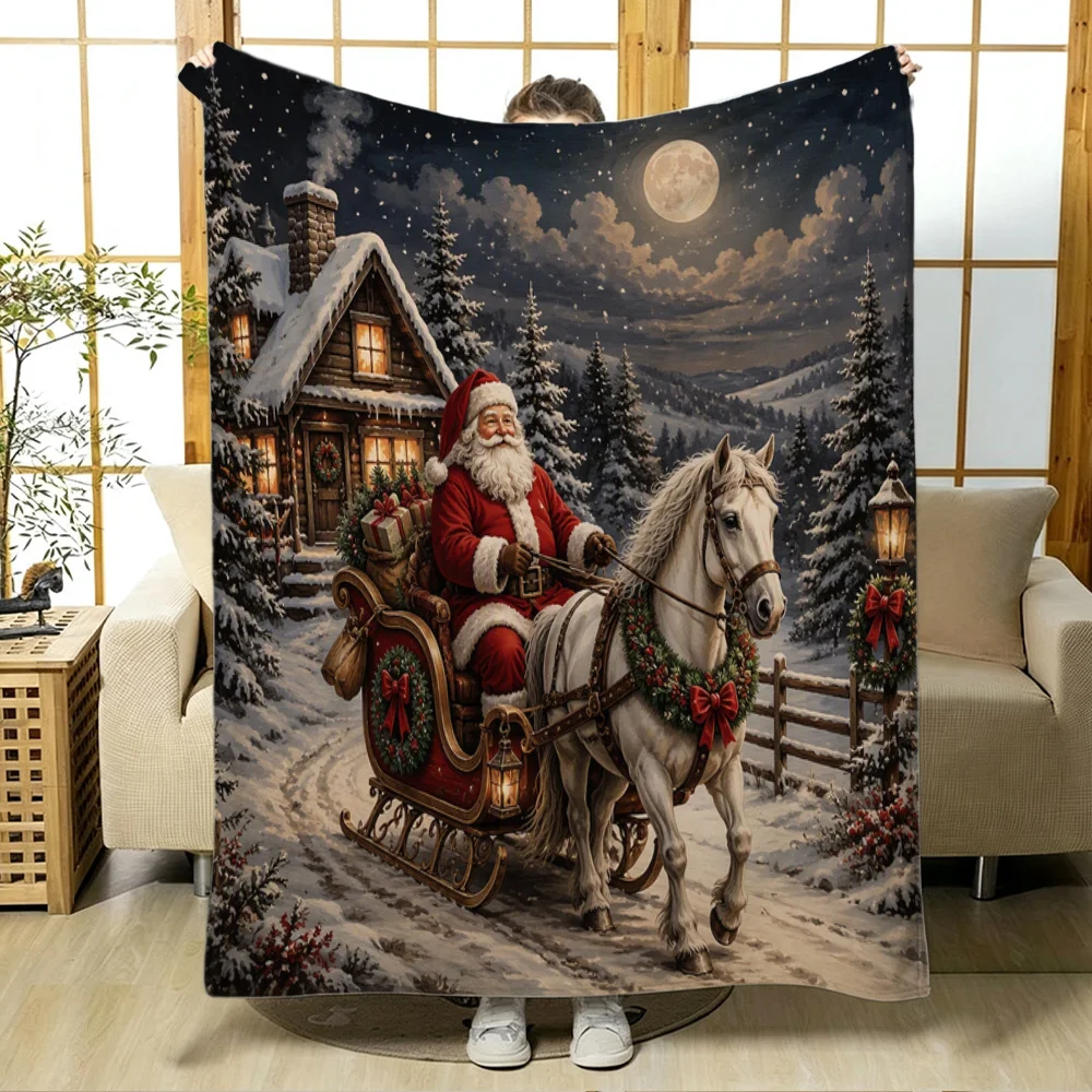 Santa Claus Sleigh Night Scene Christmas Throw Blanket Cozy Winter Holiday Decor Gift for Xmas