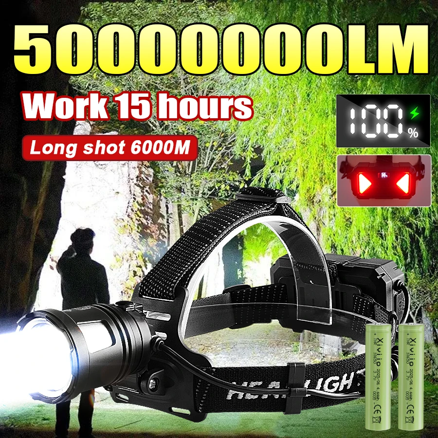 

50000000LM USB перезаряжаемый налобный фонарь с возможностью масштабирования, рабочий свет, самый мощный налобный фонарик дальнего действия, уличная лампа для кемпинга