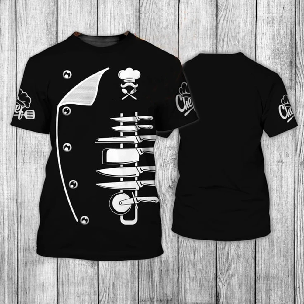 Chef de moda de verano y sus herramientas uniformes con estampado 3D, creatividad personalizada, camisetas cómodas