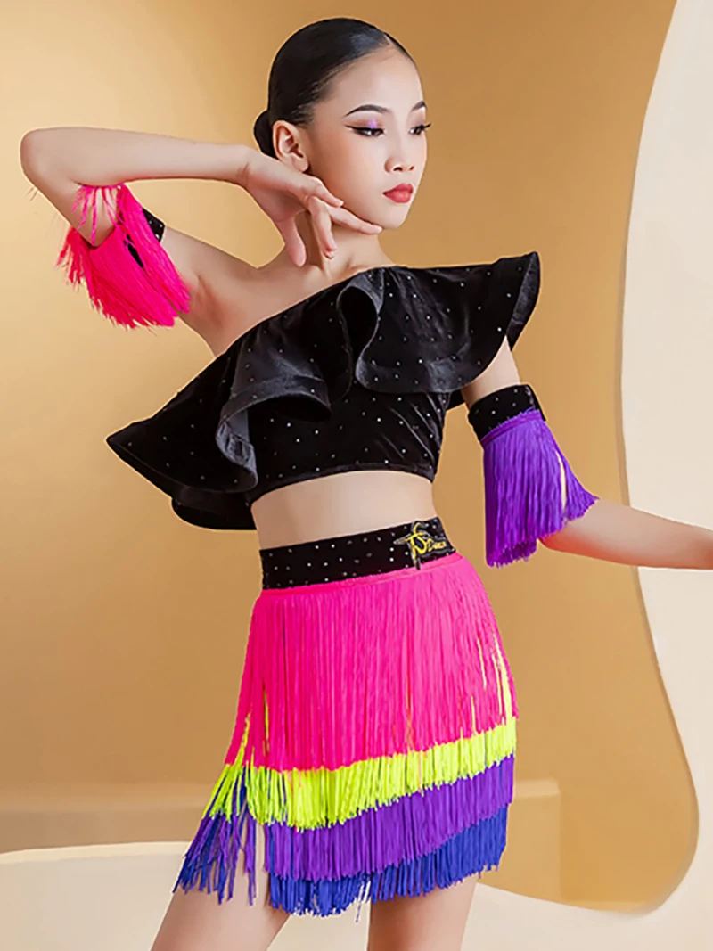 

Children Ruffles Diamond Top Rainbow Tassels Skirts Latin Dance Practice Kids Girls Rumba Chacha Performance Competition Costume