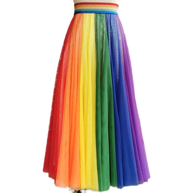 

Rainbow Muti-Layer High Street Sequins Glitter Sparkling Length Staight Skirts Runway Stage Party Handmade Long Skirts No Return