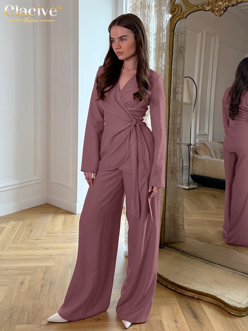 

Clacive Fashion Loose Dark Pink Trousers Set 2 Piece Woman 2025 Elegant Long Sleeve Shirt With High Waist Wide Pants Set Female