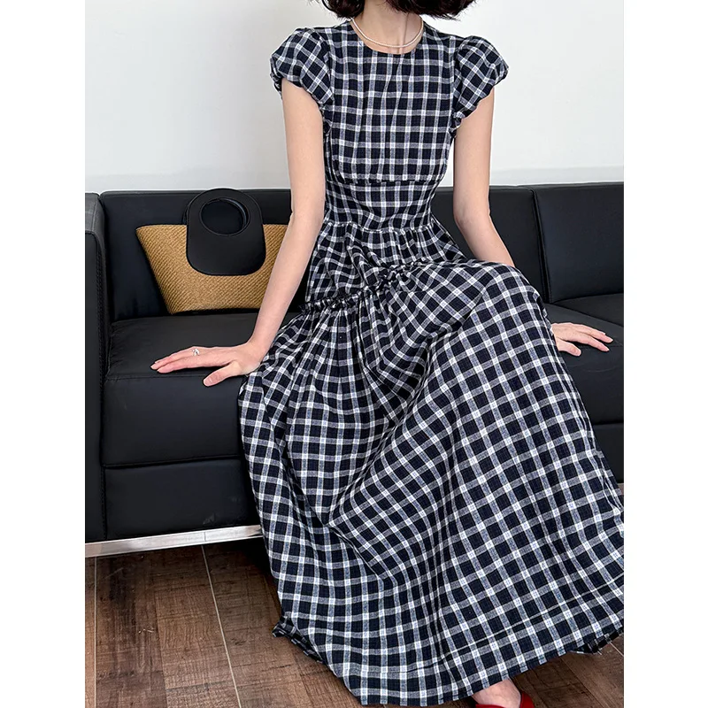 

Summer New Retro Bubble Sleeve Plaid Dress Women's Waist Dress