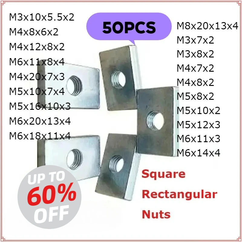 Image of 50 Stück GB39 Vierkantmutter, M3 M4 M5 M6 M8 Rechteckmuttern Aluminiumprofil Zubehör Gleitblock Dünner Kohlenstoffstahl Senkkopfmutter