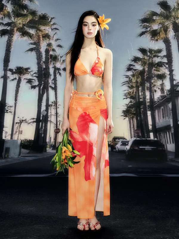 

Sexy Bikini Long Dress Island Vacation Print Swimsuit Slimming Gathered Hot Spring Separate Swimwear by Luca Art Brand