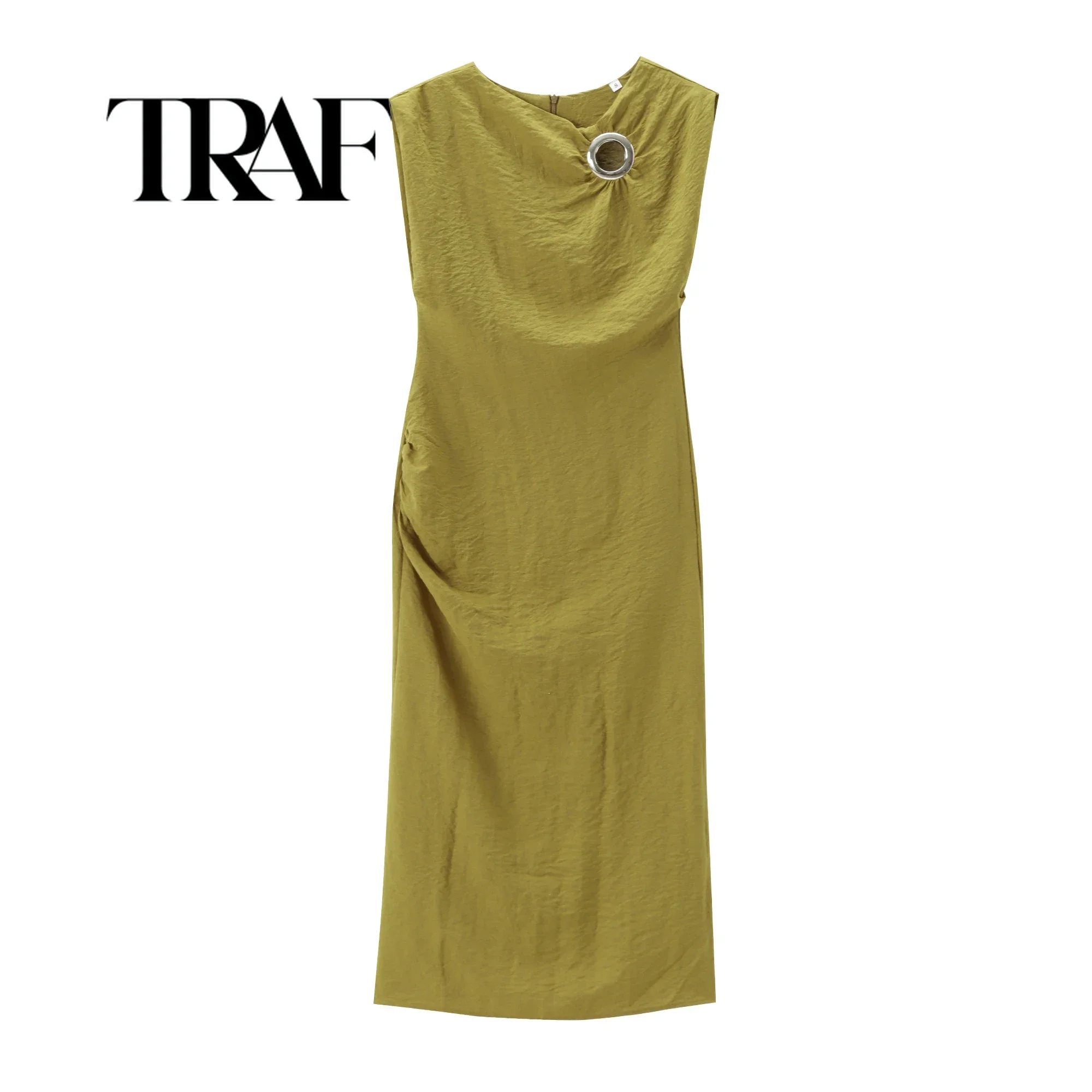 TRAF Summer New Style Stylish Slim Fit Round Neck Sleeveless Waist Fold Split Gold embellishment Midi Dress