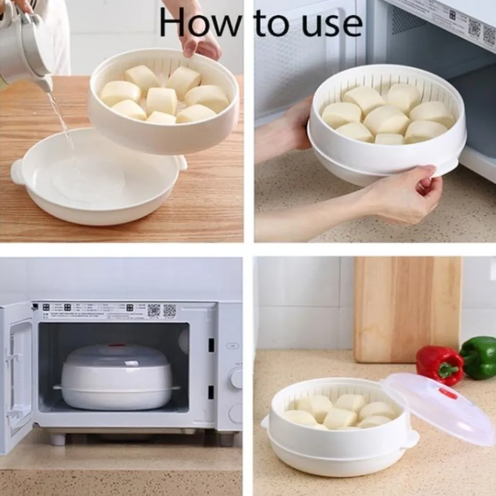 다층 전자레인지용 스티머 박스 플라스틱 뚜껑 및 트레이 포함 야채 도시락 박스 내열 다기능