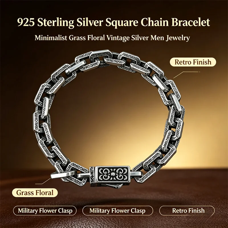 OUYADI Vintage 925 Sterling Silver Men Bracelet Minimalist Square Chain Grass Grain Carved Style Clasp Hand Jewelry Gift