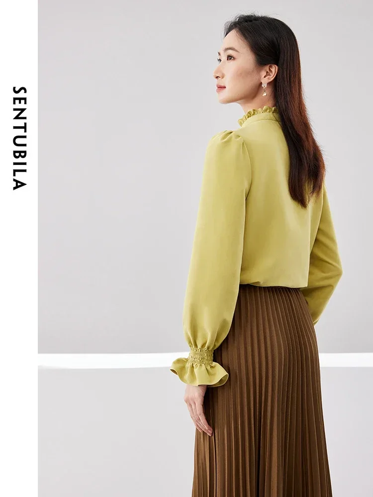 SENTUBILA Women's Elegant Blouses Tied Ruffled Collar 2025 Spring Commute Smocked Long Sleeve Top Casual Shirt Female 141C52685