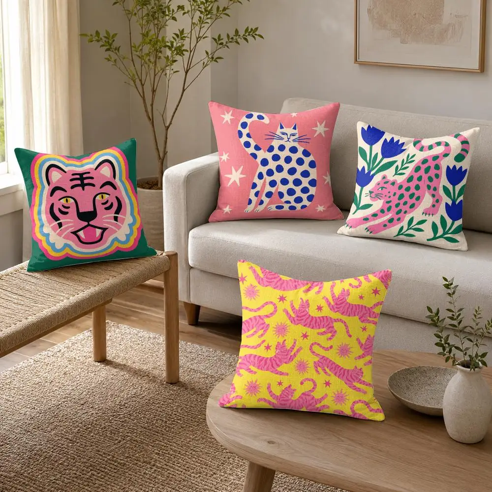 Animal Colorful Maximalist Cushion Cover Organic Linen Throw Pillow Cover Double-Sided Print Breathable Cushion Case Home Decor