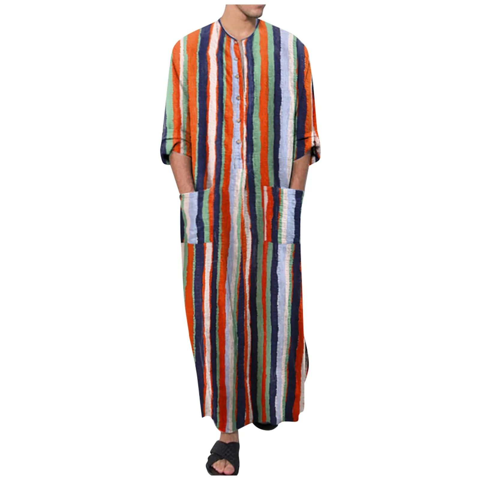 Robe solto em gola redonda masculino, listras coloridas retrô, meio botão, roupagem causal diária, camisas confortáveis, roupas muçulmanas, verão