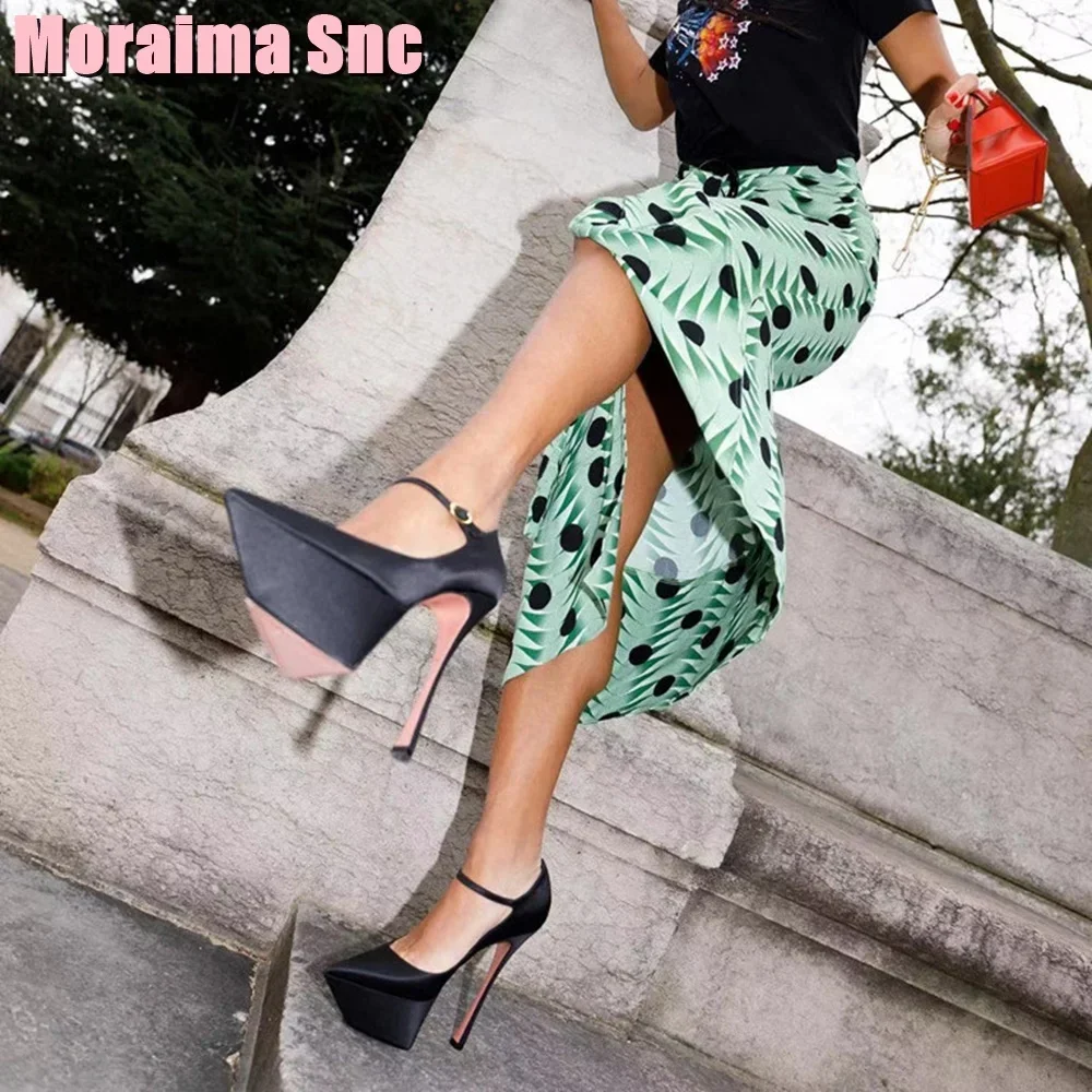 Platform Black Satin Pointed Toe Sandals Stiletto Super High Heel Ankle Buckle Strap Shallow Sexy Women Shoes Summer Black Solid