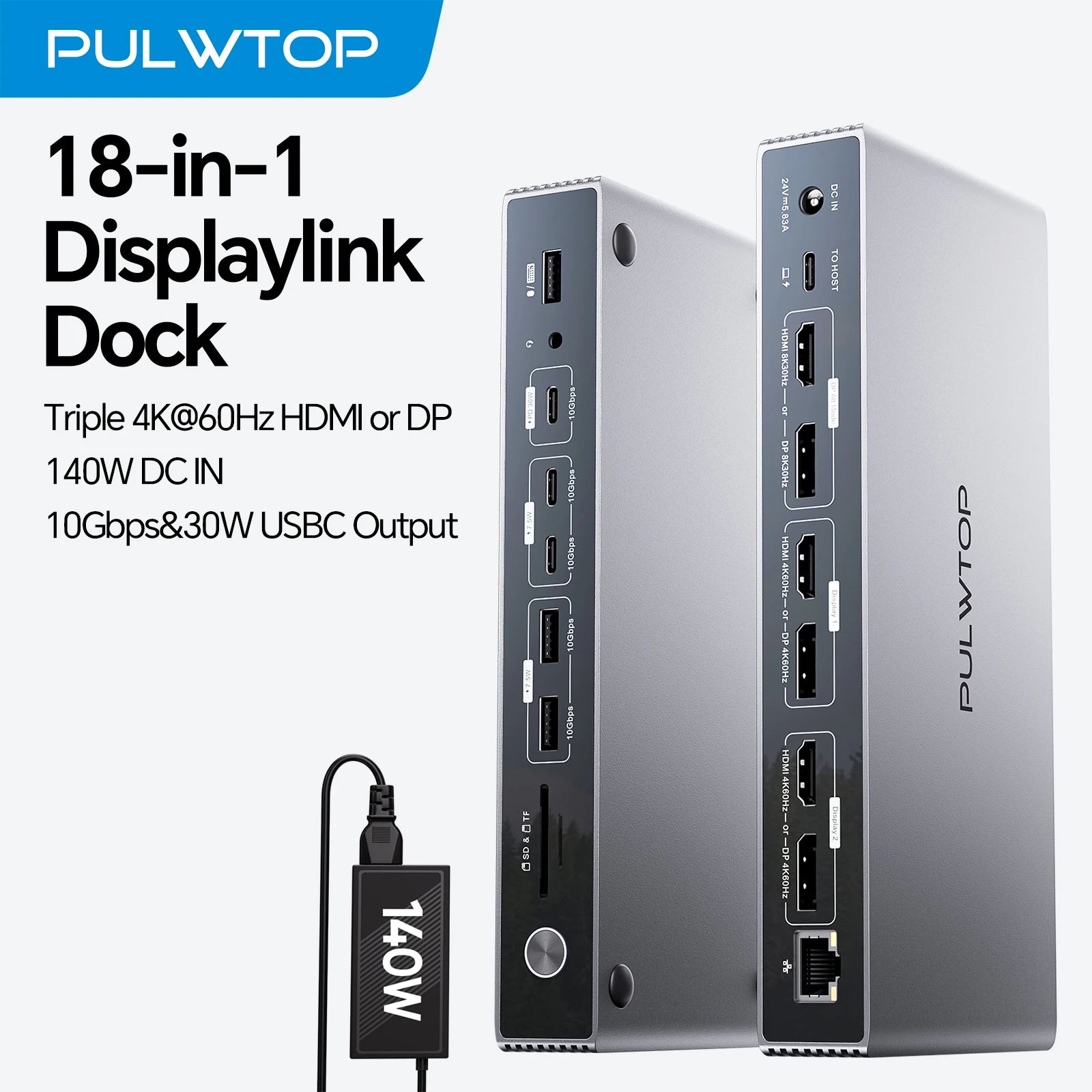 PULWTOP Displaylink Docking Station,  DisplayLink Dock Triple Displays for MacBook/Windows, with 3HDMI, 3 Display Port,USB A/C