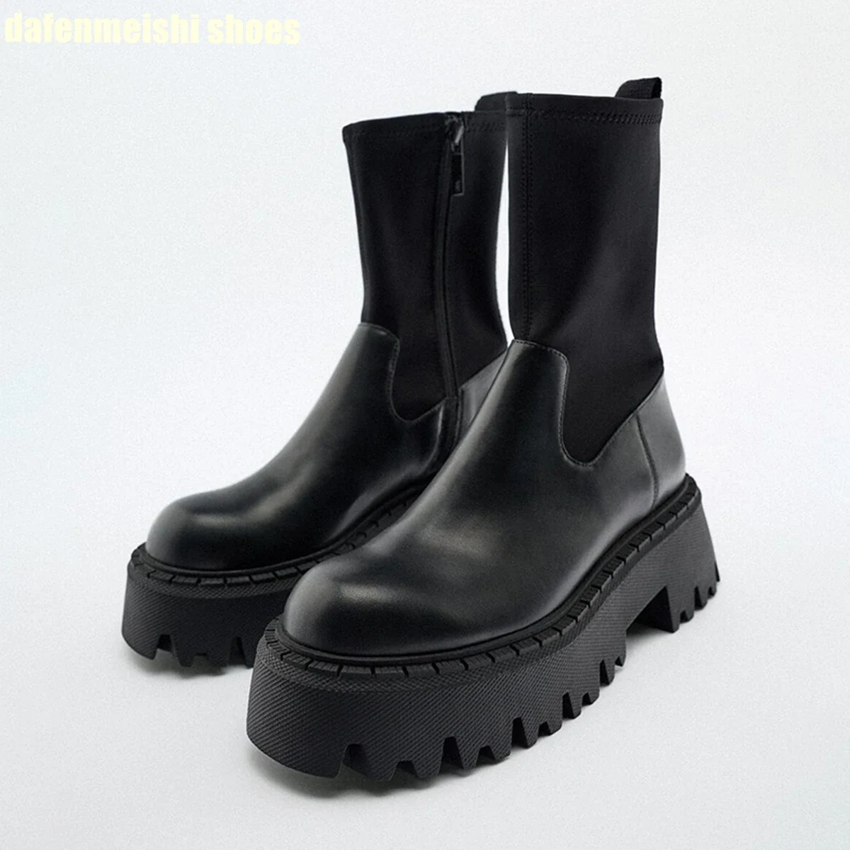

2026 Autumn Trf Women Shoes Black Cow Leather Chelsea Booties Stretch Side Zipper Thick Sole Fashion Women Winter Ankle Boots