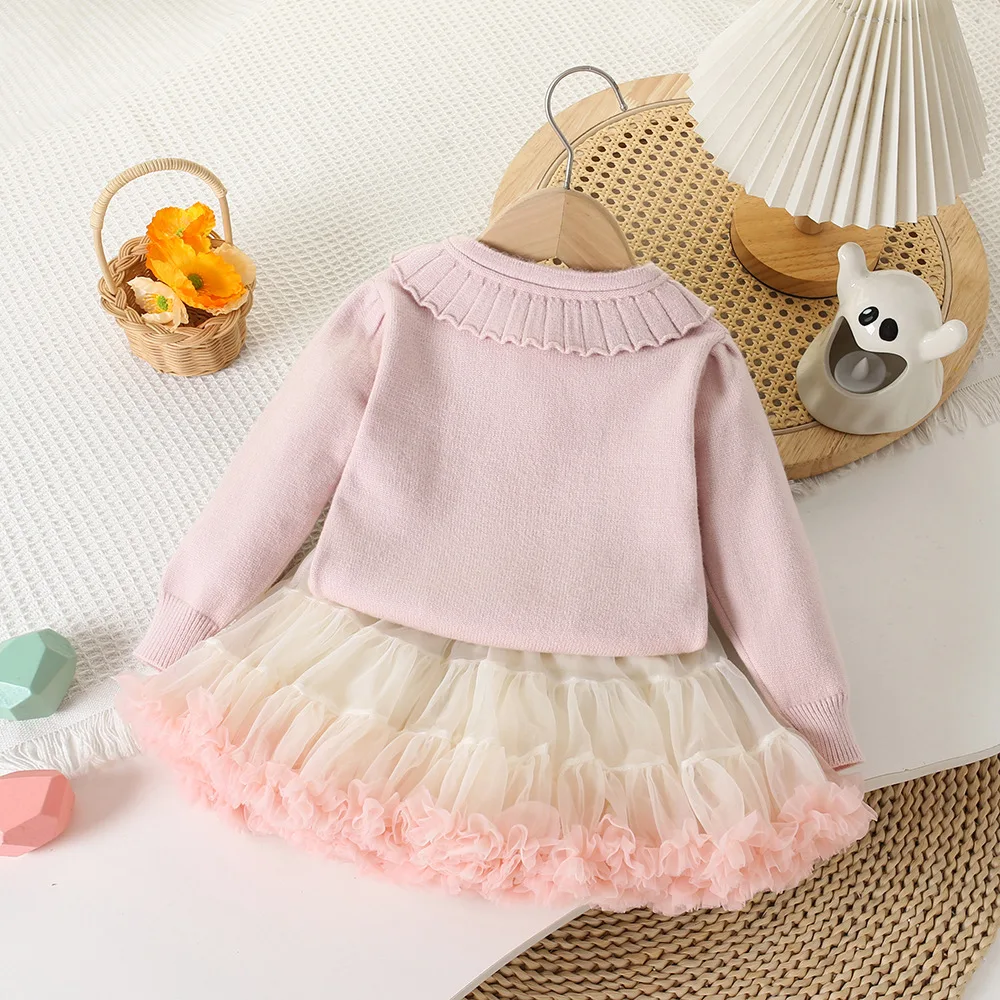 Camisolas de lã infantil e terno vestido tutu, conjuntos de roupas tricotadas, roupas de bebê, tops para meninas, crianças, primavera, outono, 2 peças